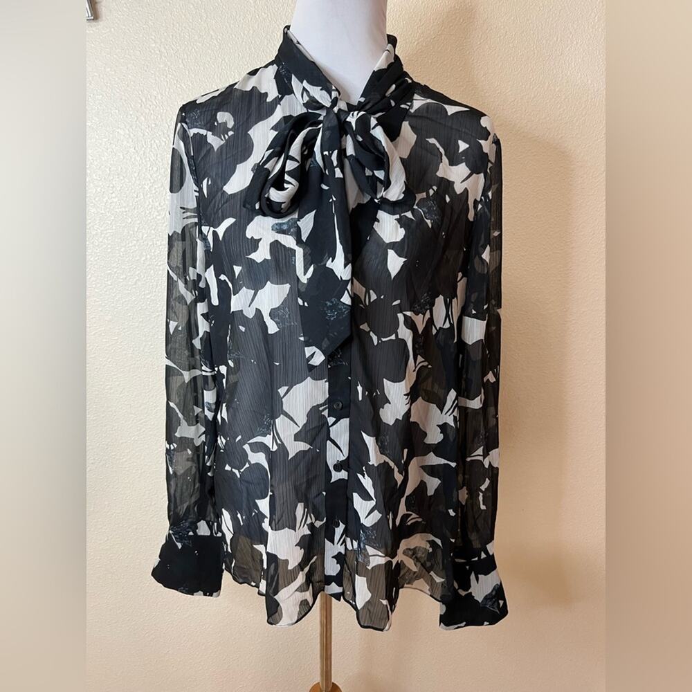 Jason Wu navy blue white floral neck tie sheer flowy button front blouse 14